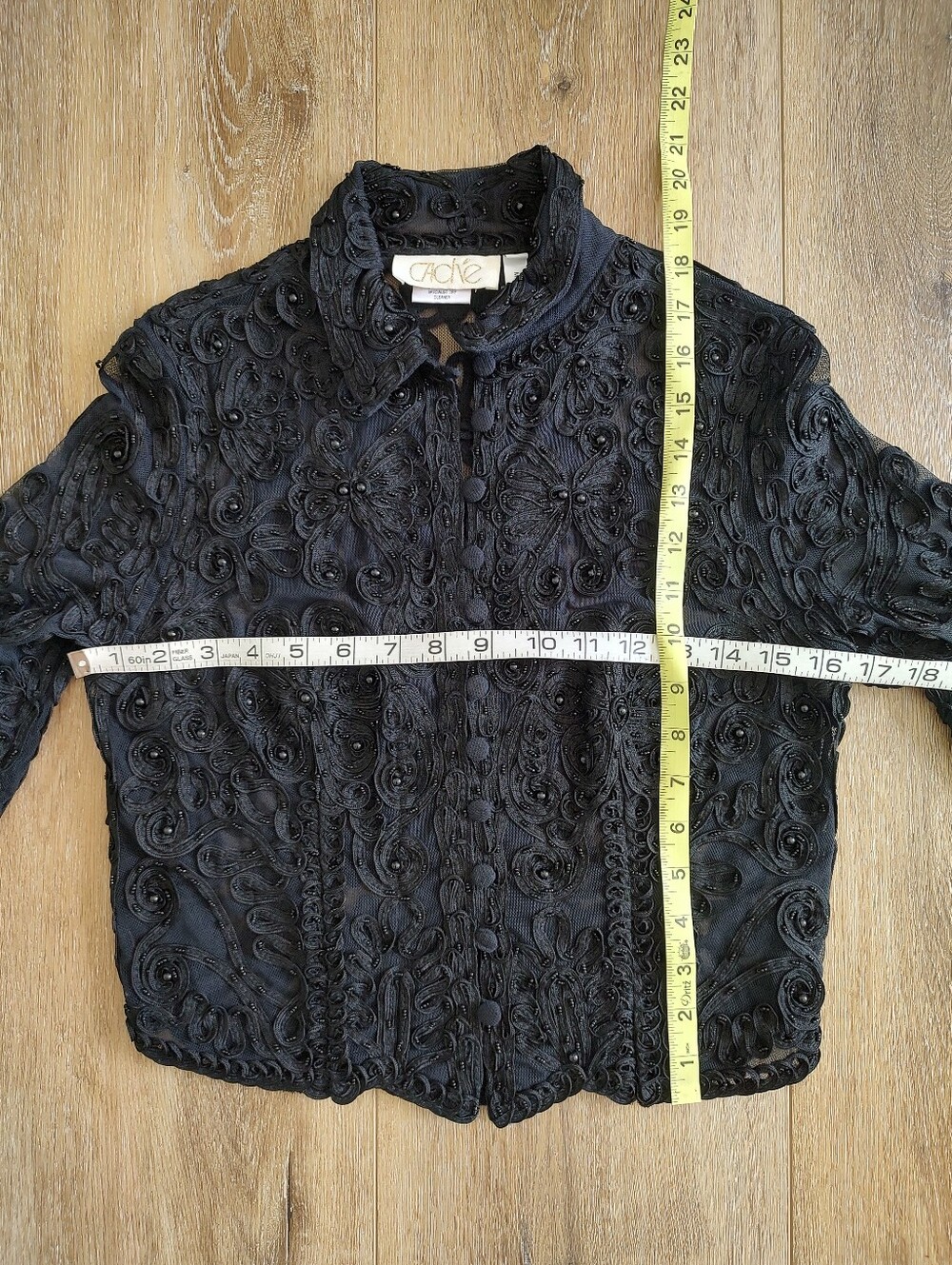 90s Vintage Cache Beaded Mesh Top Jacket Ribbon Black Whimsigoth Cropped L - Picture 3 of 8